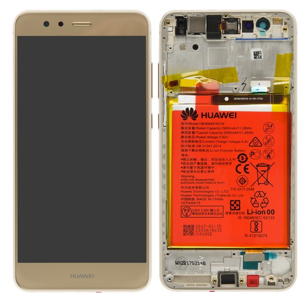 Display Lcd + Touch Screen Per Huawei P10 Lite Oro Service Pack 02351Fsn + Batteria Service Pack